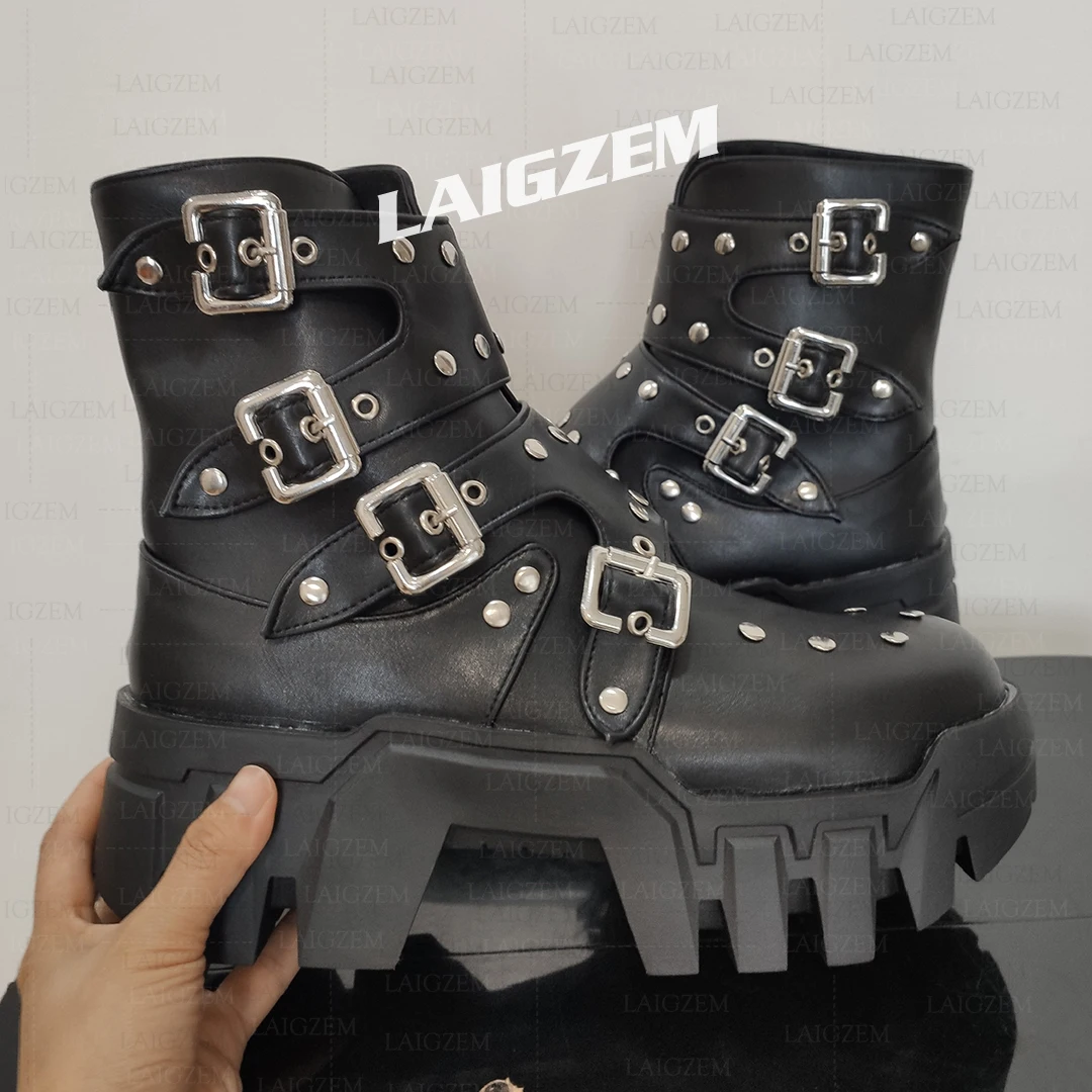 LAIGZEM Women Ankle Boots Shiny/Matt Buckle Straps Round Toe Boots Height Increase Gothic Studded Shoes Woman Big Size 41 43 44