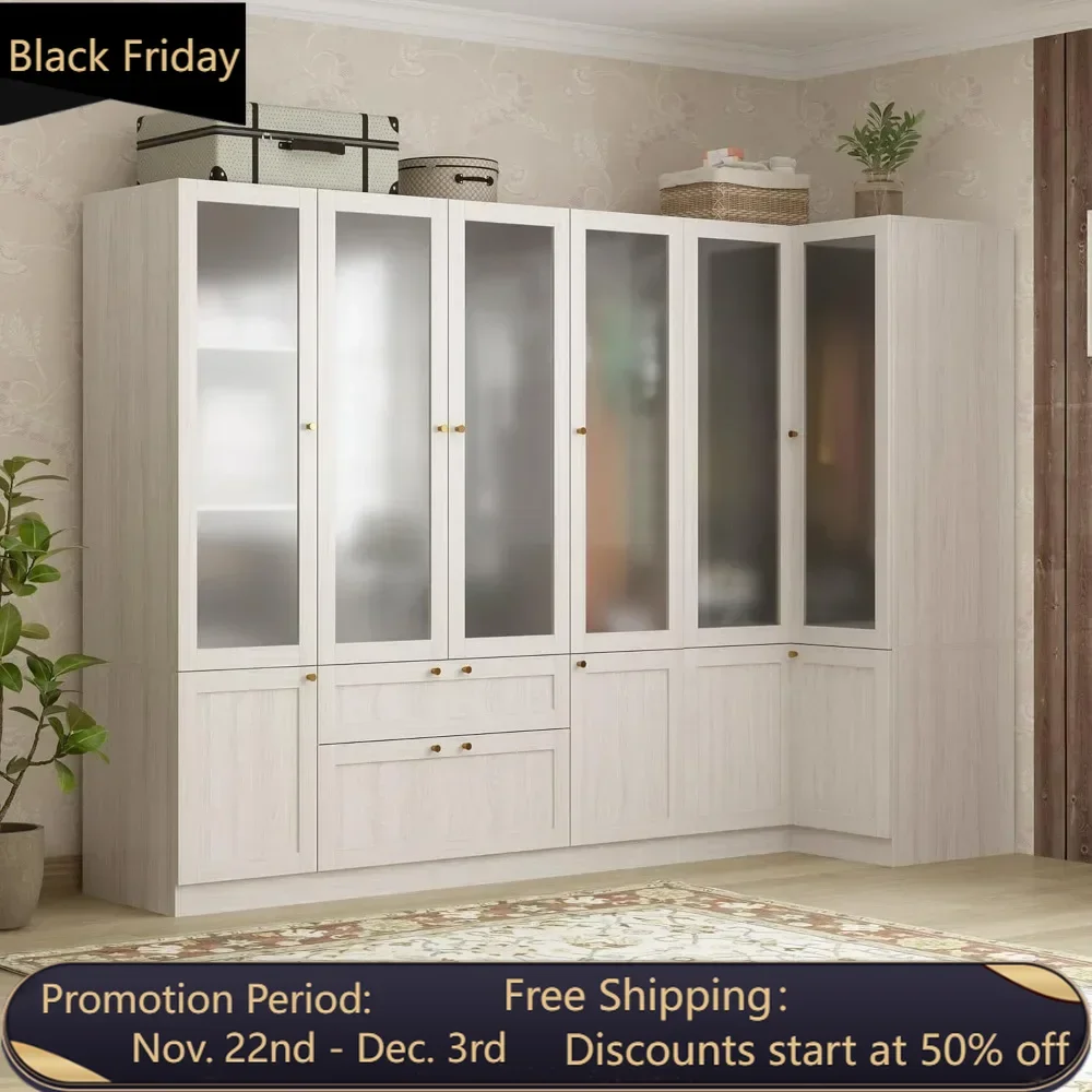 Large L-shaped wardrobe with 6 frosted glass doors,hanging poles, shelves, and drawers, 98.4-inch wooden bedroom storage cabinet