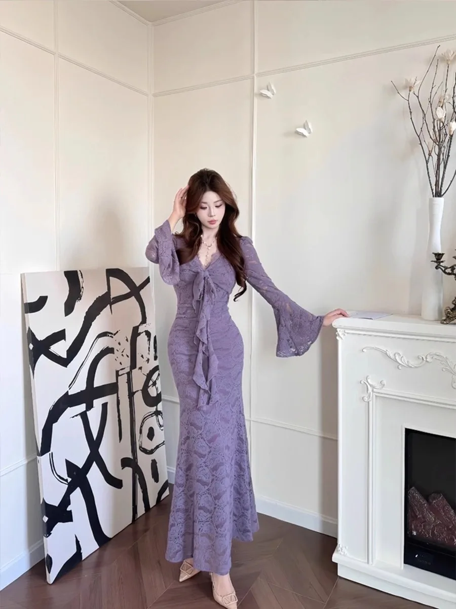 Sexy Spicy Girl Long Sleeve Lace Trim Bodycon Dress V-neck Spring New Style Fish-tail Long Dress High Waist Korean Style 5