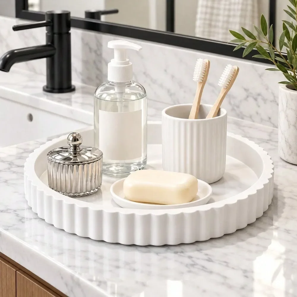 White Bathroom Vanity Tray Scalloped Round Organizer for Sink Counter Soap Hand Lotion Toothbrush Cup Perfume Skincare Display Small Space Bathroom Storage Decor