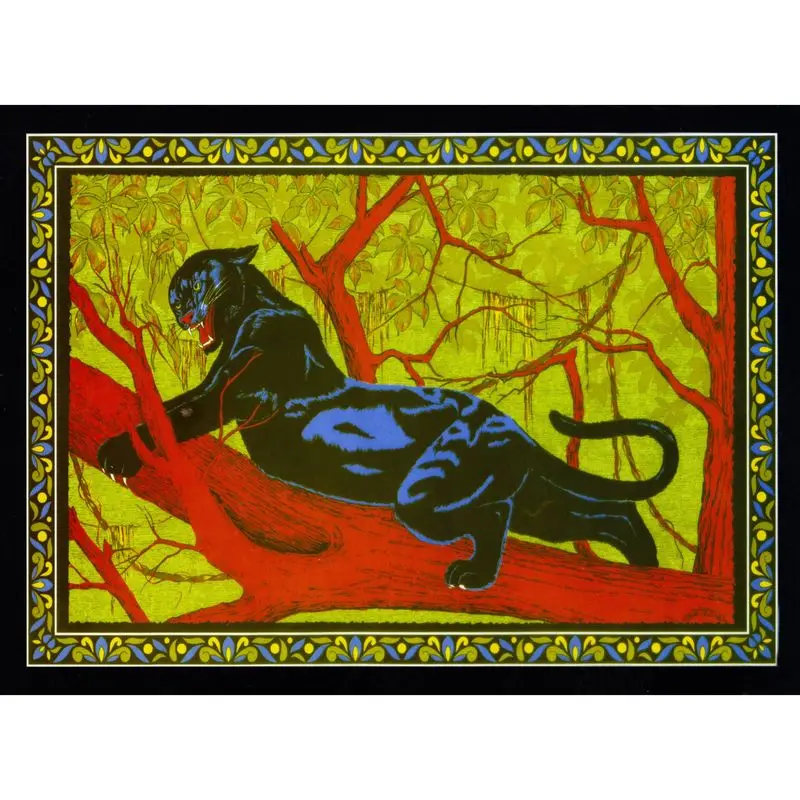 VIKAMA Vintage Black Panther Red Tree Fluorescent Wall Tapestry Yellow Green Background Wild Cat Branch Neon Retro Bedroom Soft