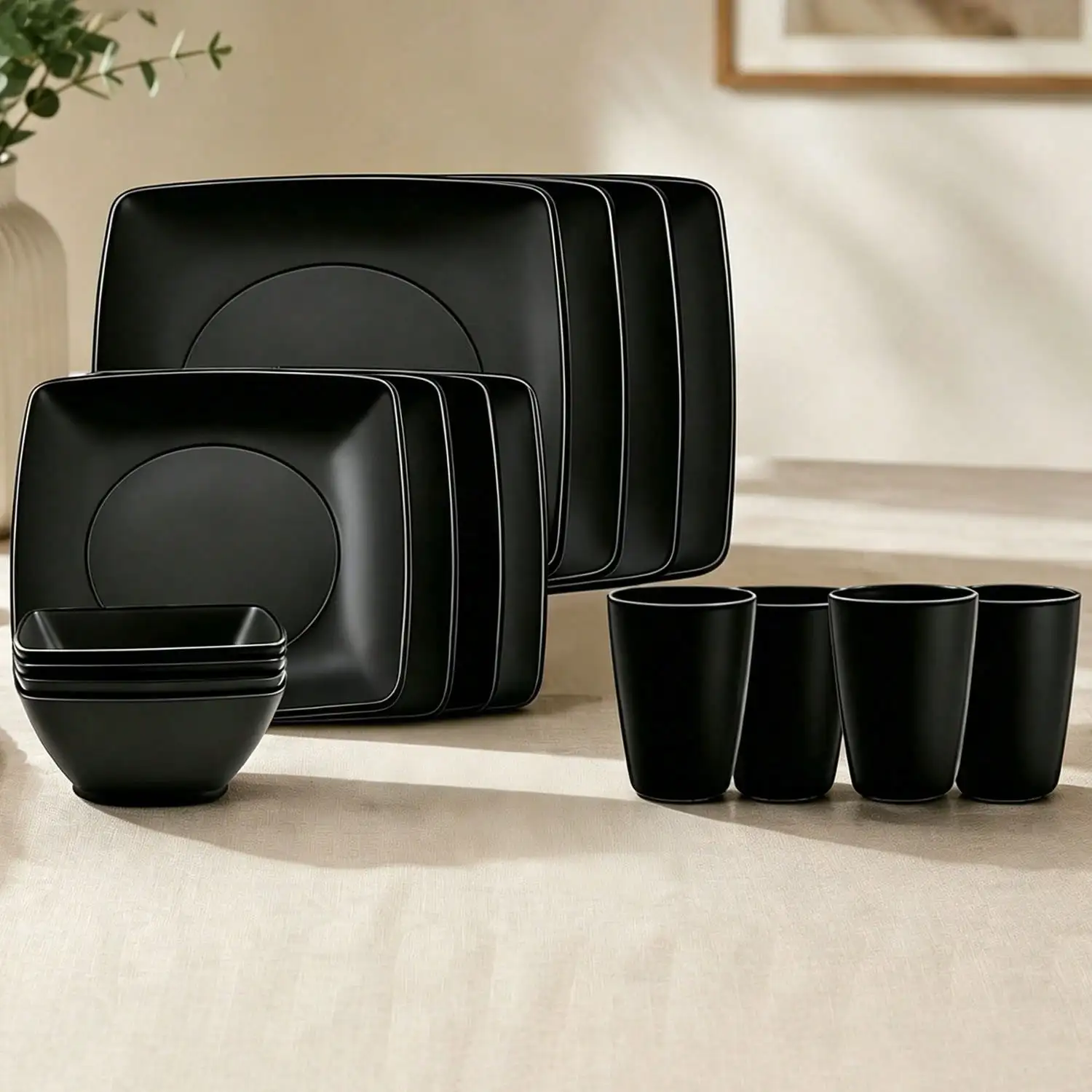 16/24-Piece Full Set of Black Tableware Including Bowls, Plates, and Cups—Microwave- and Dishwasher-Safe, Reusable, Stackable; I