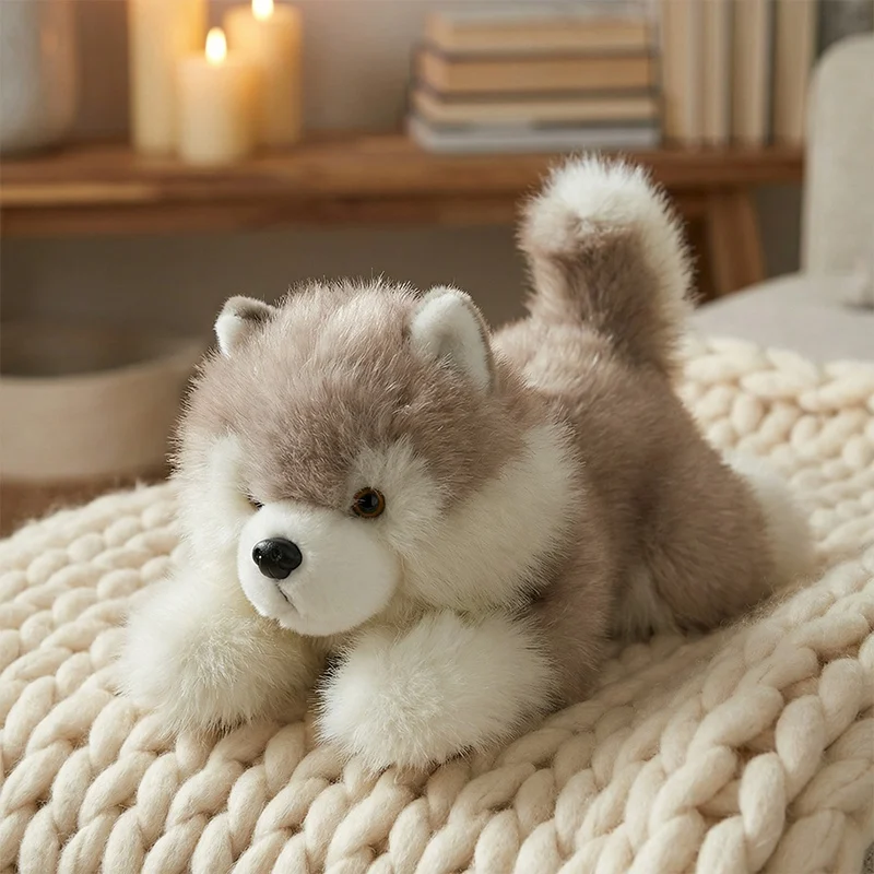 

Soft Fluffy Husky Plush toy wite Stuffed Puppy Ideal for Cuddling, Holiday Presents and Home Ornaments.