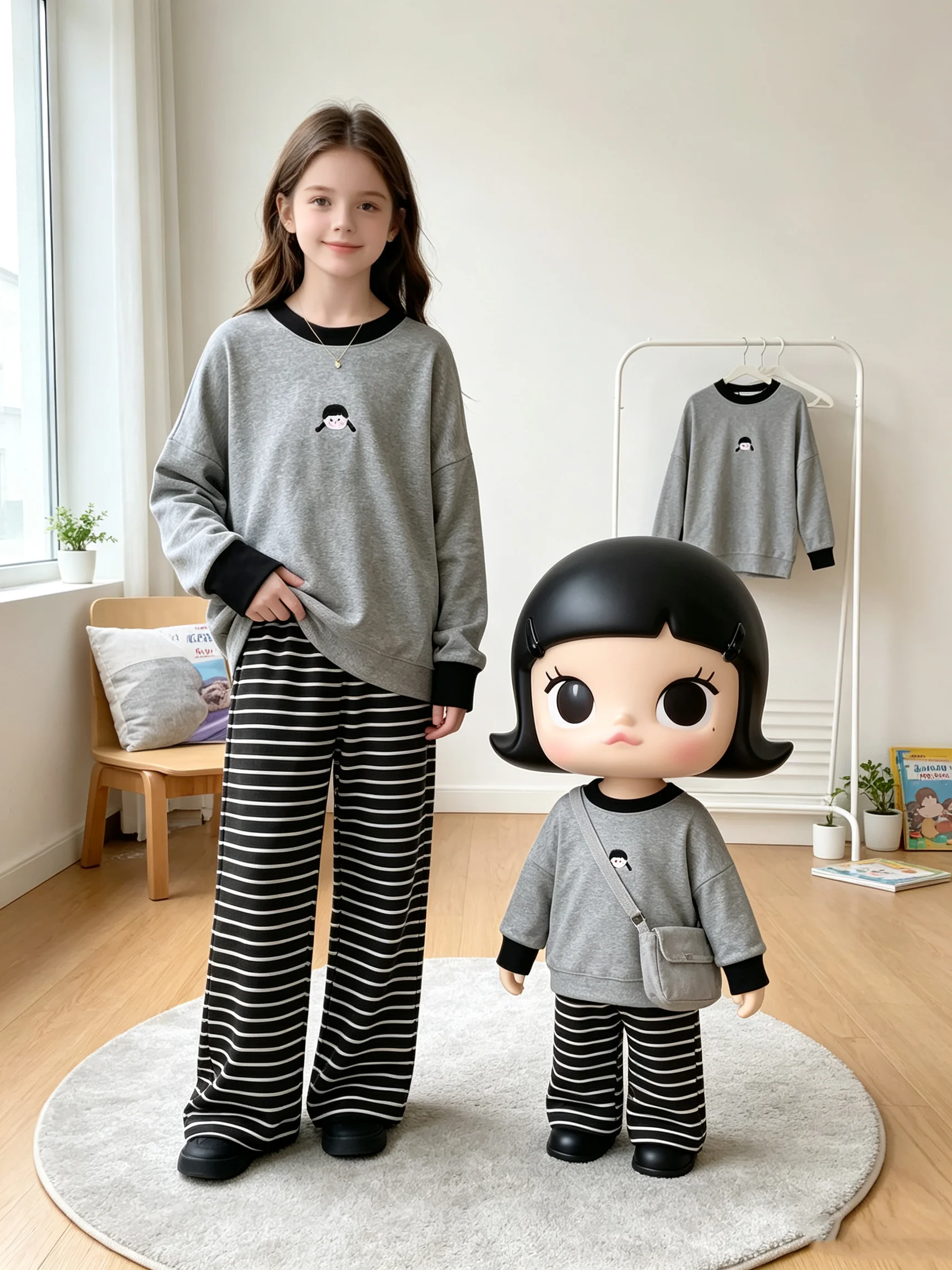 Girls' 2026 Casual Comfort Set Embroidered Portrait round Neck Color-Block Long Sleeve Top with Black And White Striped Pants