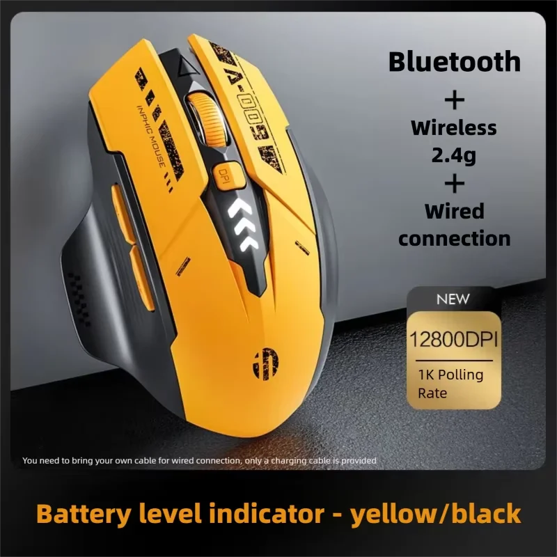 INPHIC A9 V2 Bumblebee Wireless Gaming Mouse Battery Level Display 12800DPI 6-Key Bluetooth 3-Mode Mouse Suitable for PC Laptops
