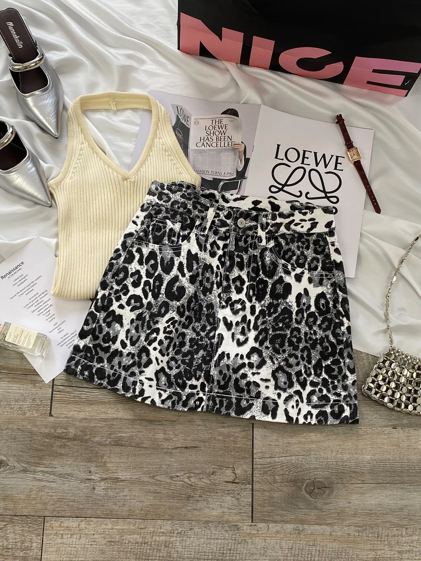 Summer Leopard Print Denim Skirt For Women American Casual Fashion Retro Street Style Female High Waisted A-line Skirts