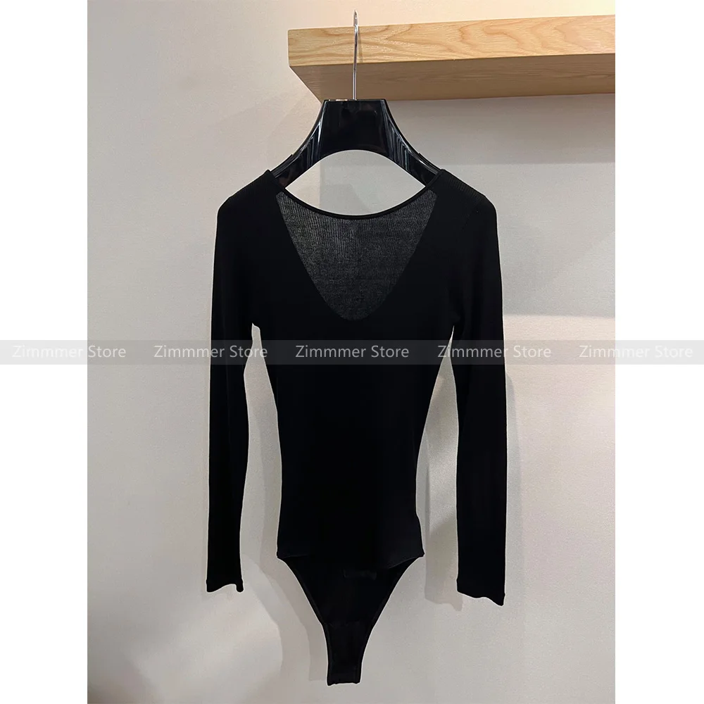 Niche Design Minimalist Chic Black Big U Neck Backless Slim One-piece Long Sleeve Knit Top Women 23 Early Autumn