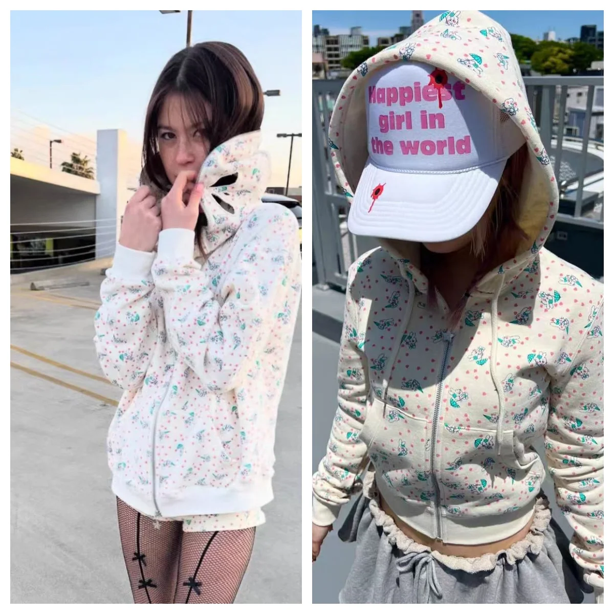 Ashley Apricot Rabbit Love مطبوعة هوديي المرأة التخسيس الكتف معطف قصير مع مجموعة السراويل المخملية