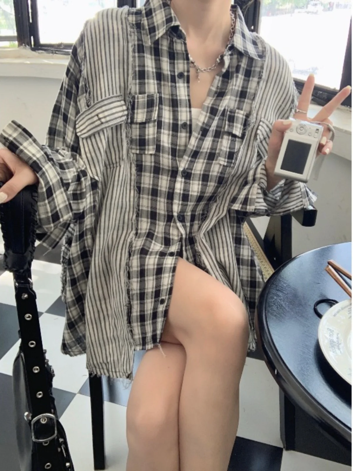 Vintage Patchwork Plaid Shirts Women Autumn Long Sleeve Oversize Button Up Shirt Korean Fashion Casual Fall Outwear Tops 2024