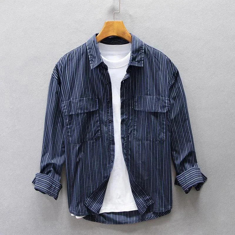 

Japanese Cargo Shirt Men Autumn New Cotton Blue Stripe Lapel Loose Multi-pocket Long Sleeve Casual Streetwear Cardigan Top