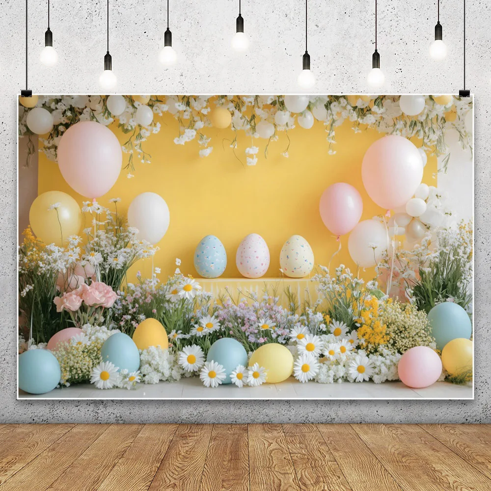 Happy Easter Eggs Photography Background Daisy Party Spring Yellow Flower Balloon Birthday Decor Kid Portrait Photocall Backdrop