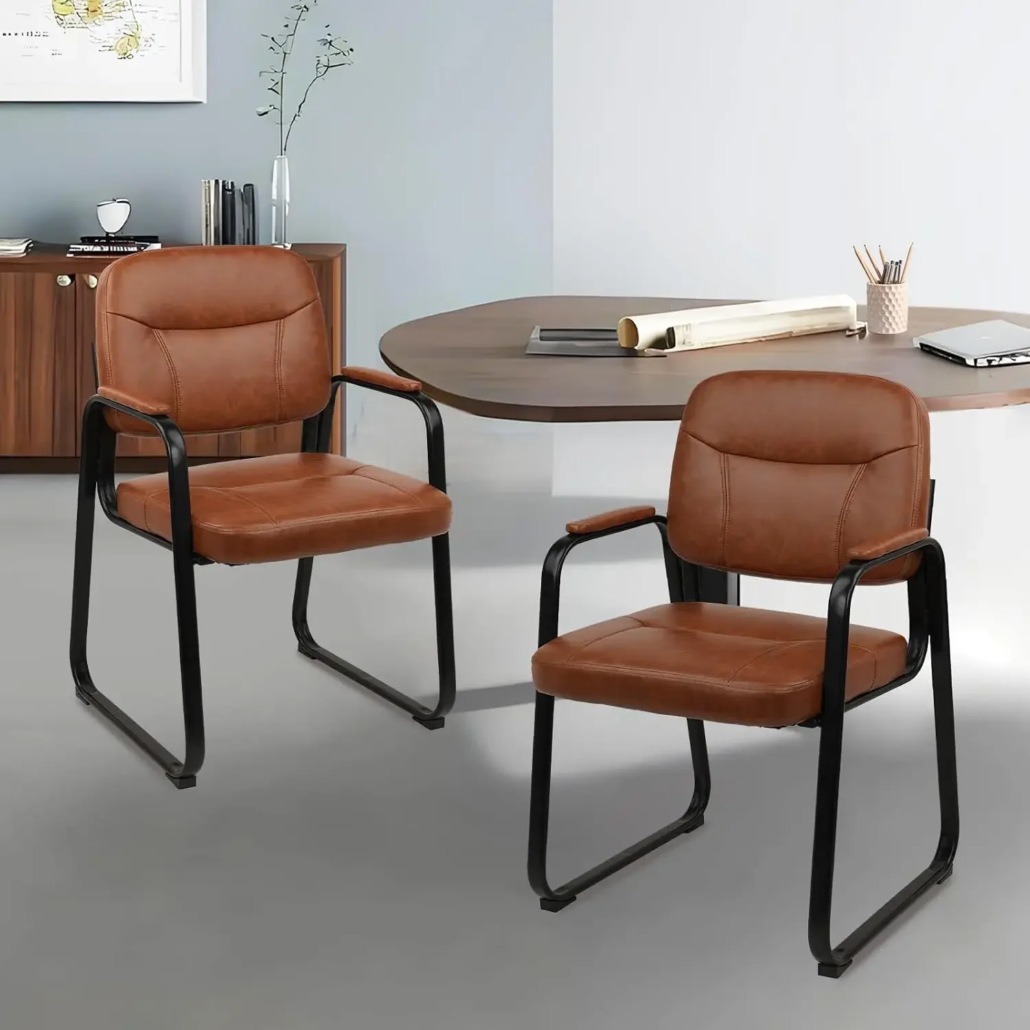 Waiting Reception Chairs No Wheel, Leather Guest Chair with Padded Arms, Modern Brown Office Desk Chairs with Sled Base