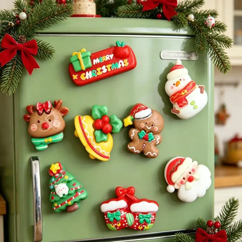8pcs Festive Christmas Magnets Set Holiday Themed Refrigerator Magnets Rectangle Snowman Santa Reindeer Designs Decoration