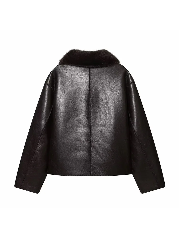 Jaket Kulit Imitasi Bulu Domba Bolak-Balik Musim Dingin Wanita 2025, Mantel Kerah Turun Tebal untuk Kantor, Pakaian Luar Chic