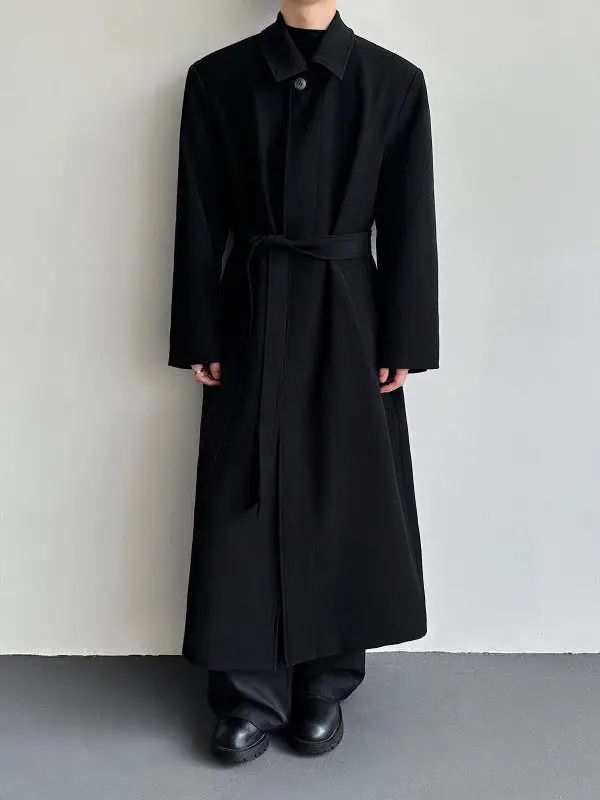 

Spring 2026 Men's Long Loose Coat k Sle Windbreaker Outerwear with Belt Stand Fit Waed Polyester Fiber Casual Youth