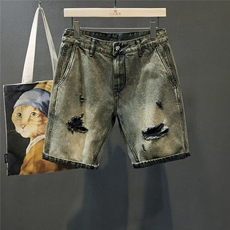 

Рваные джинсовые шорты, мужские летние шорты 2025, новые американские ретро уличные брендовые потертые винтажные универсальные свободные рабочие полубрюки