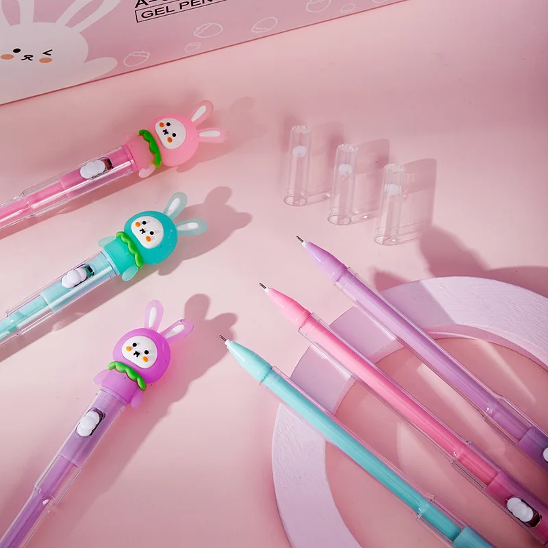 12Pcs/Lot Kawaii Luminous Bunny Gel Pen 0.38mm Black Ink Neutral Pens Cute Cartoon Rabbit Signature Pen School Office Stationery