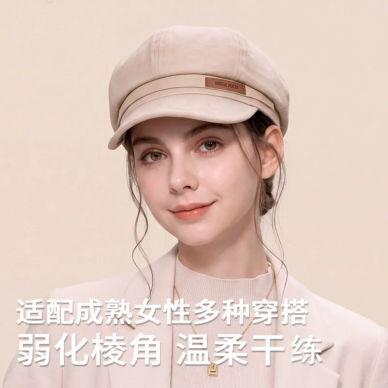 New Korean style leather label octagonal cap women's new retro British versatile painter hat slim-faced casual beret-style cap