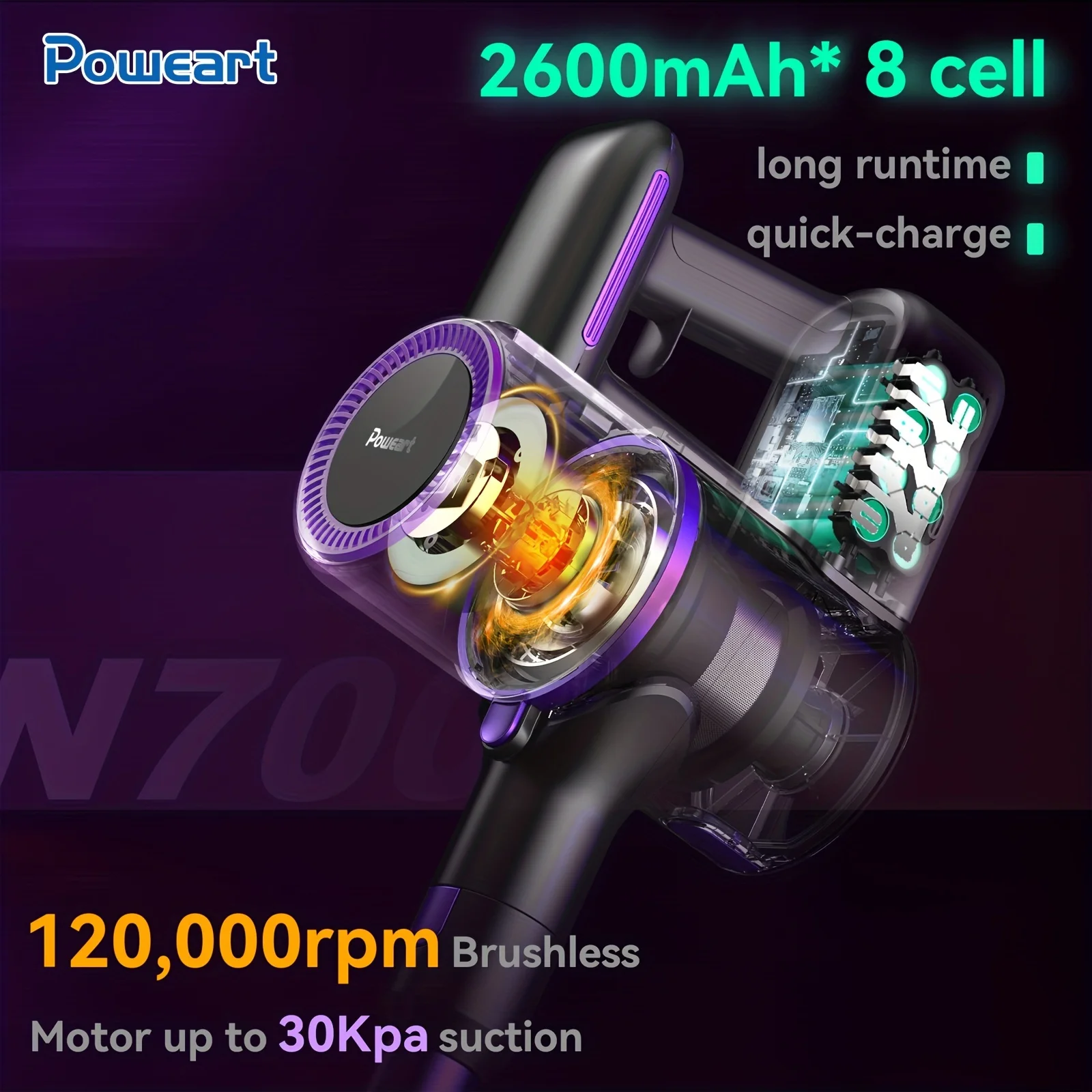 POWEART N700 Cordless Handheld Vacuum Cleaner 30Kpa Powerful 8-in-1 Stick Vacuum Lightweight Wireless Vacuum for Home Bed Carpet