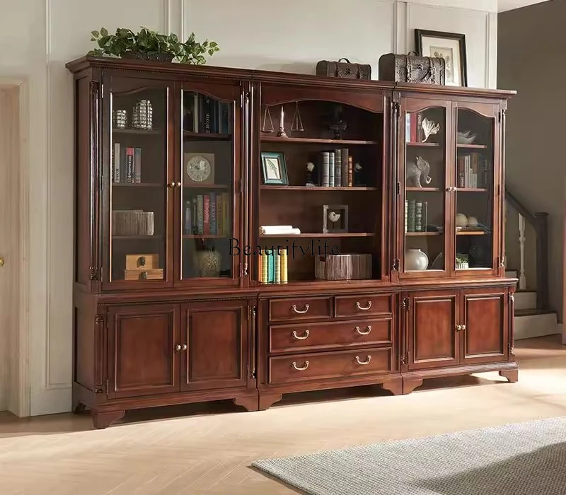 

American all-solid wood bookcase retro custom combination cabinet whole wall display storage