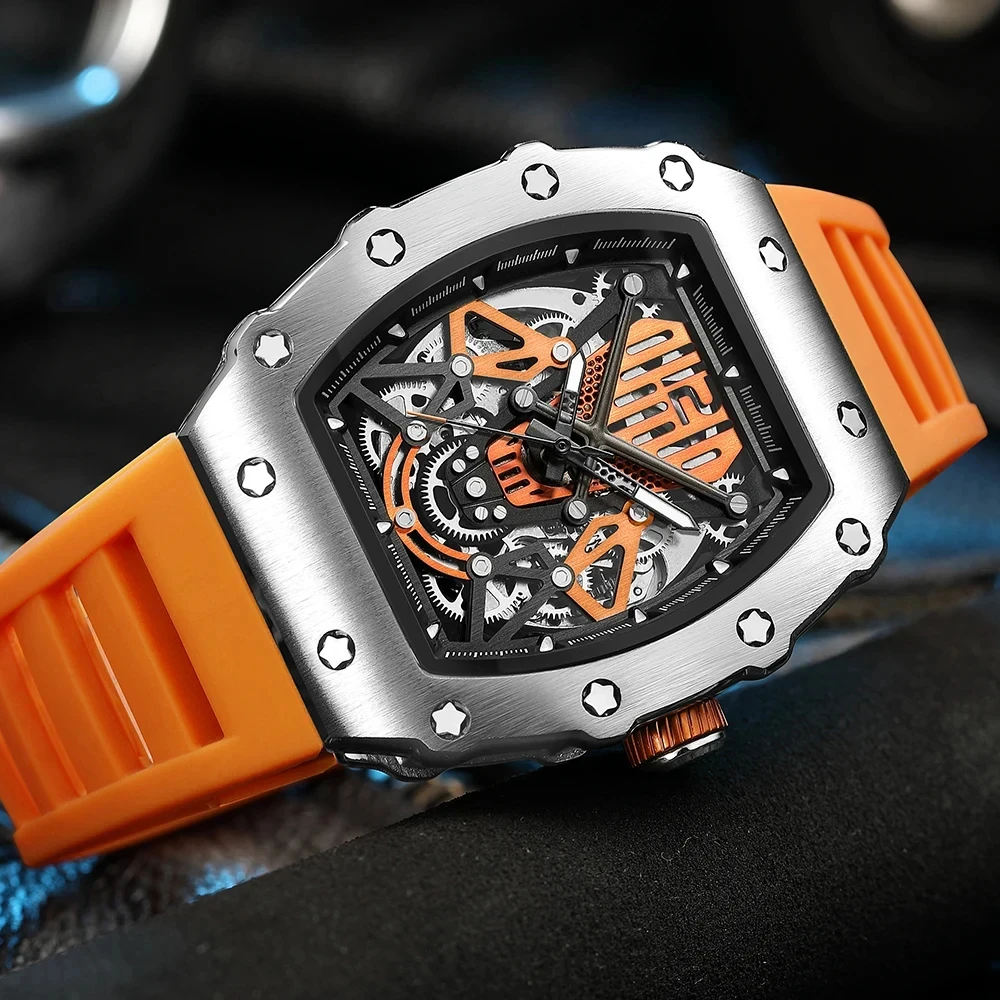 New Full Automatic Mechanical Men Watch Brand Fashion Hollow Luxury Watches Men Waterproof Clock Orange