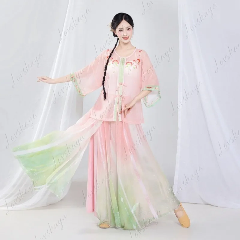 

Новый танцевальный наряд с принтом в китайском стиле, открытая куртка, струящаяся юбка и брюки, комплект традиционной драматической одежды