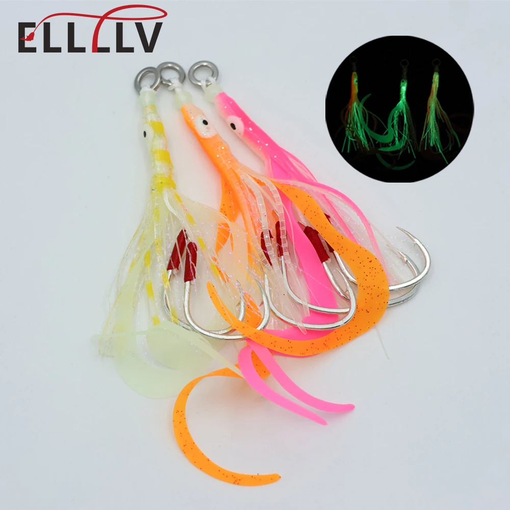 

Ellllv Saltwater Fishing Luminous Soft Squid Skirts With Twin Slow Jigging Assist Hooks Trolling Jig Bait Orange Rose White