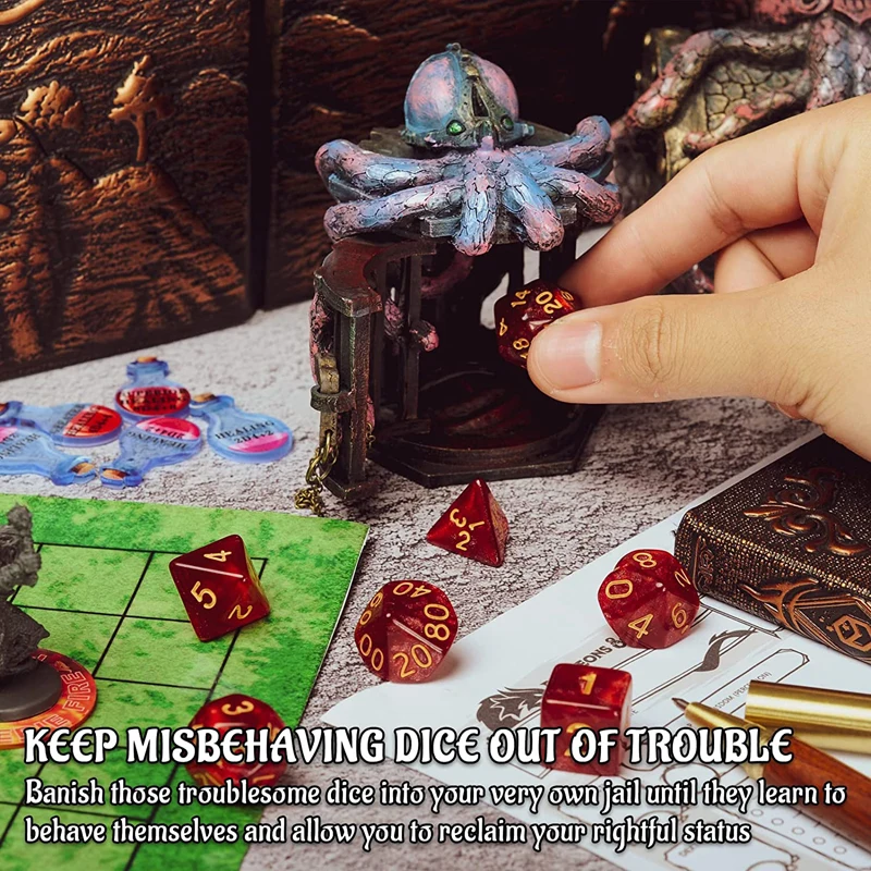 DND Steampunk Octopus Dice Jail Prison with Polyhedral Mystery Dice Set Resin Cage for Taming Your Unruly Dice