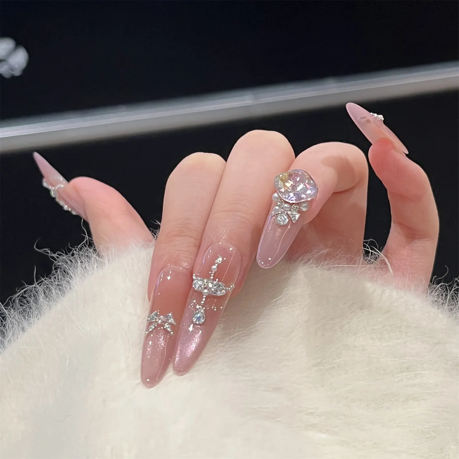 10 Uds. De uñas postizas de estilo francés con ojo de gato, diamantes de imitación de cristal violeta, uñas artificiales hechas a mano para mujer, fiesta y boda