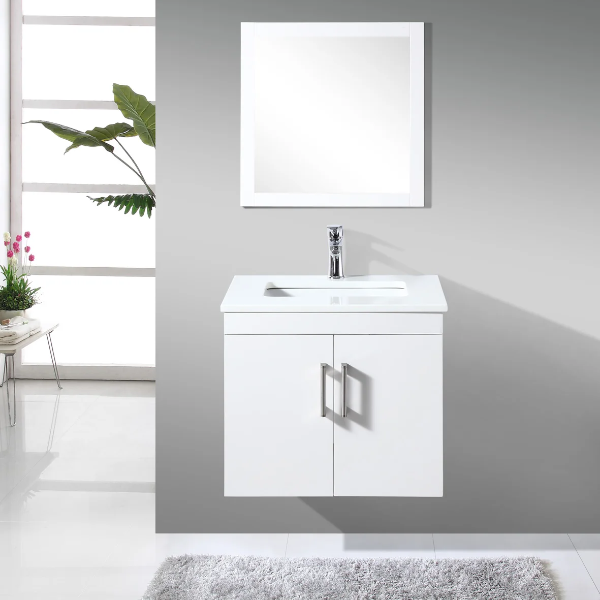 Armario de baño de madera de roble, mueble montado en la pared, lavabo individual, tocador de baño, pintura blanca, OEM, Fábrica de Foshan