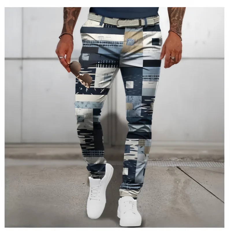 New Suit Pants For Men, Color Blocked Plaid Slim Fit Chino Pants, Patch Printed Casual Street Pants