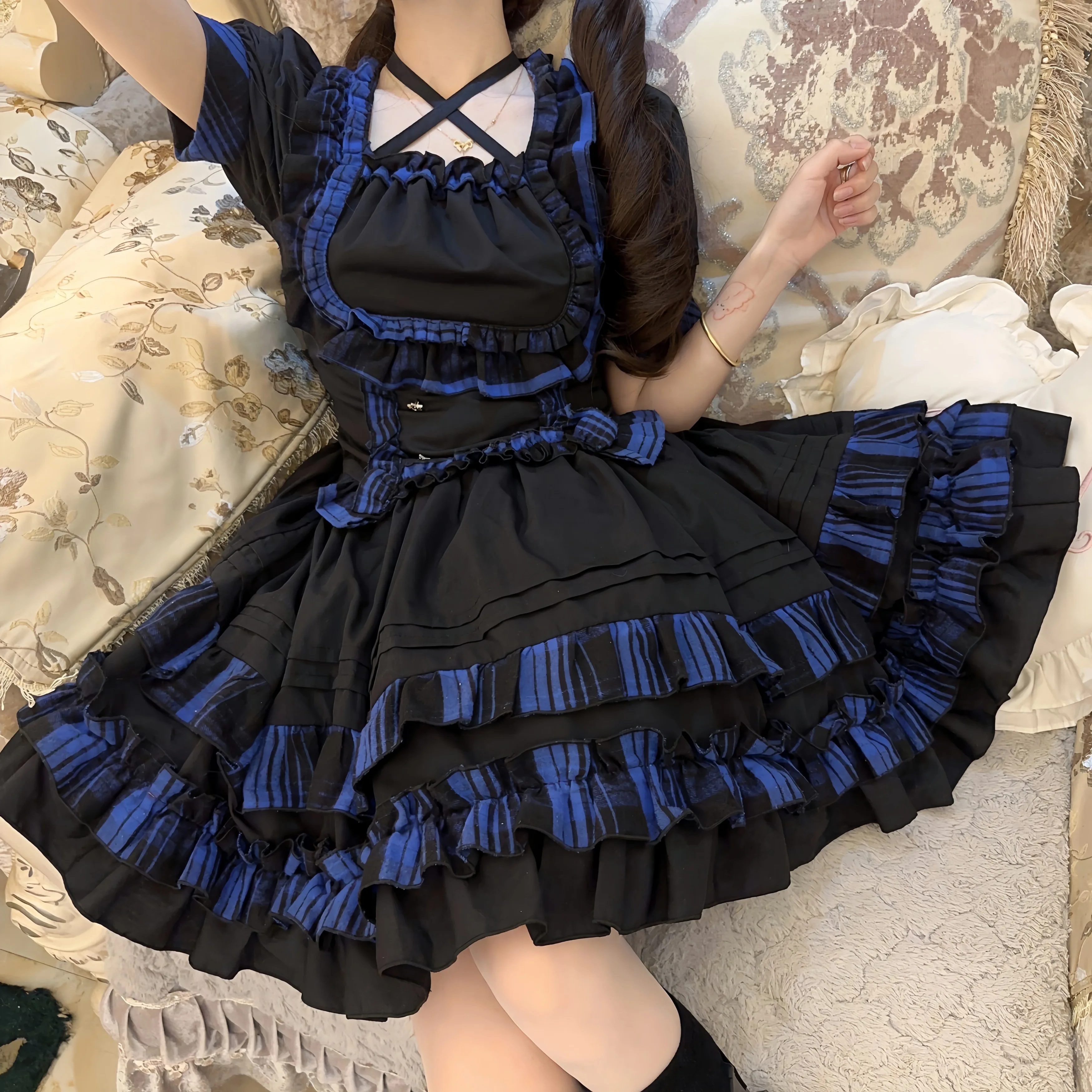 Japanische Punk Rock Mädchen Lolita setzt quadratischen Kragen Puff ärmel Slim Fit Top hohe Taille Blase kurze Röcke zweiteilige Set Frauen