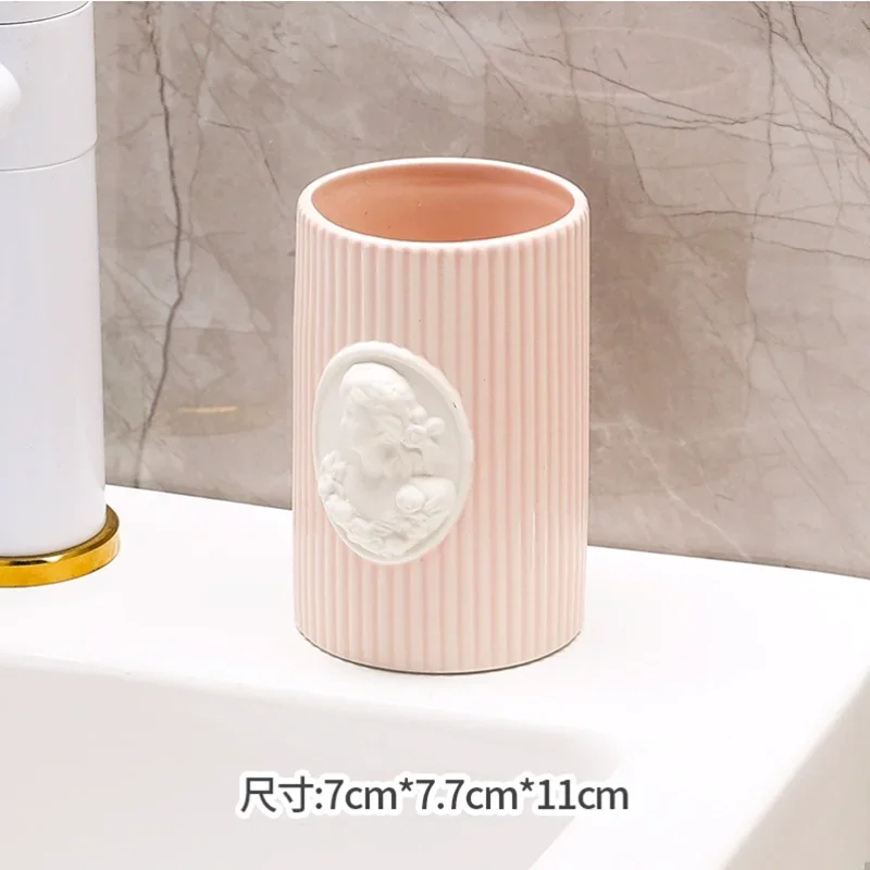 Pink Relief Ceramic Lotion Bottle, Mouthwash Cup, Soap Box, Toothbrush Holder, Toilet Brush, Bathroom Decoration Accessories