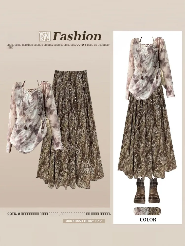 

Модный винтажный топ с принтом и юбка с цветочным принтом, женский осенний наряд, длинная круглая футболка Sve, повседневная одежда