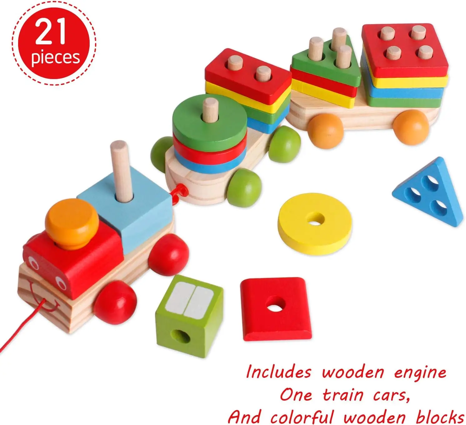 Tren de bloques de construcción de madera para niños, clasificador de formas de juguete y juego de apilamiento para niños pequeños, beneficio Montessori, preescolar intelectual