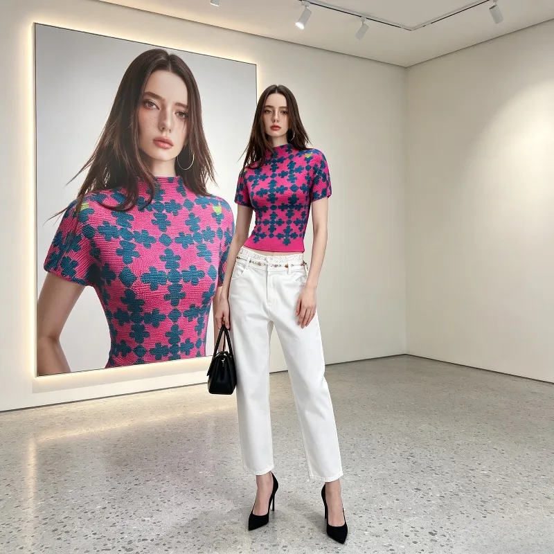 Miyake Pleated 2026 New Summer Women's Top High-End Cross Pleat Half High Neck Slim Fit Printed Casual Short Sleeve T-Shirt