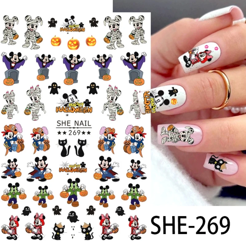 1 pz Disney Cartoon Mickey Halloween Nail Stickers Cute Anime Character Nail Supplies decalcomanie per unghie Press On Nails Sticker