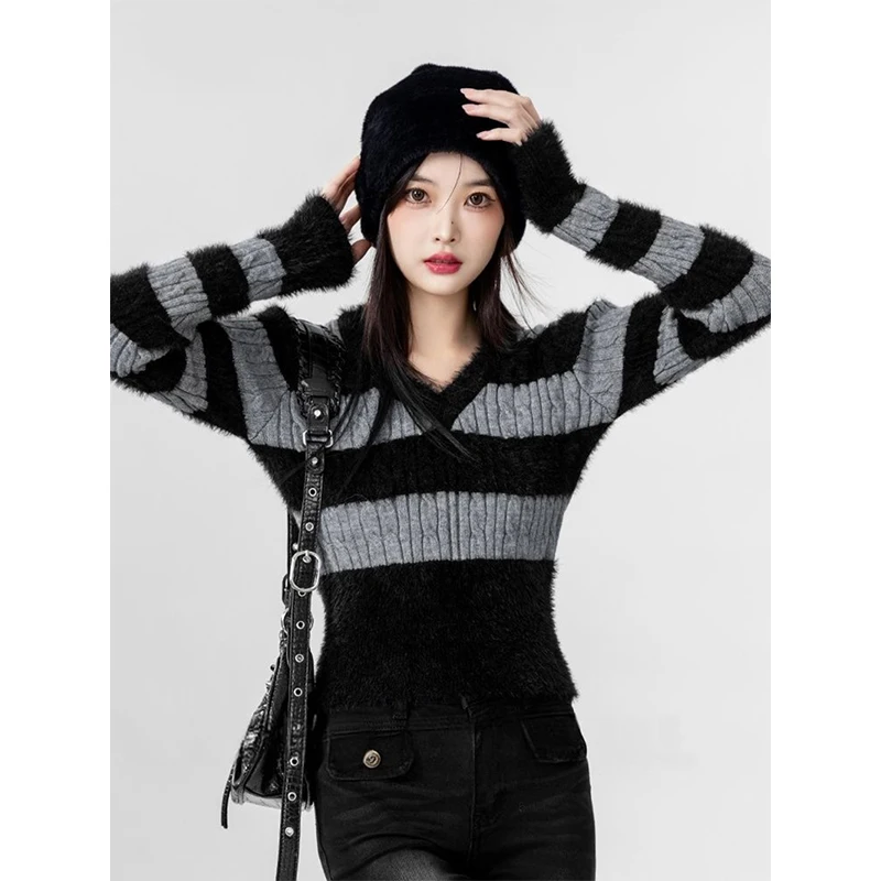 

MEXZT Vintage Striped Sweater Women Harajuku Cropped with Scarf Knitted Pullovers V Neck Knitwears Winter Korean Slim Jumpers