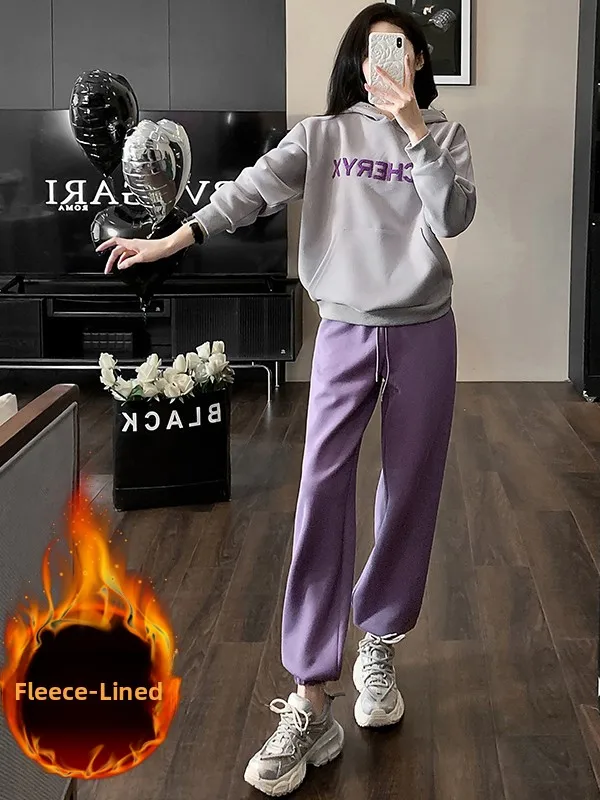 

Fashionable Anti-Aging Casual Sportswear Set for Women Thickened Fleece Long Sleeve Hoodie And Pants Two-Piece Purple Outfit