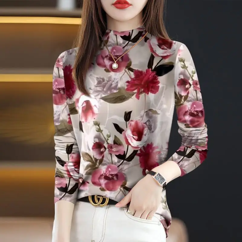 2024 Women\'s Spring and Autumn New Splicing Pullovers Half High Collar Printed Fashion Slim Minimalist Casual Long Sleeve Top