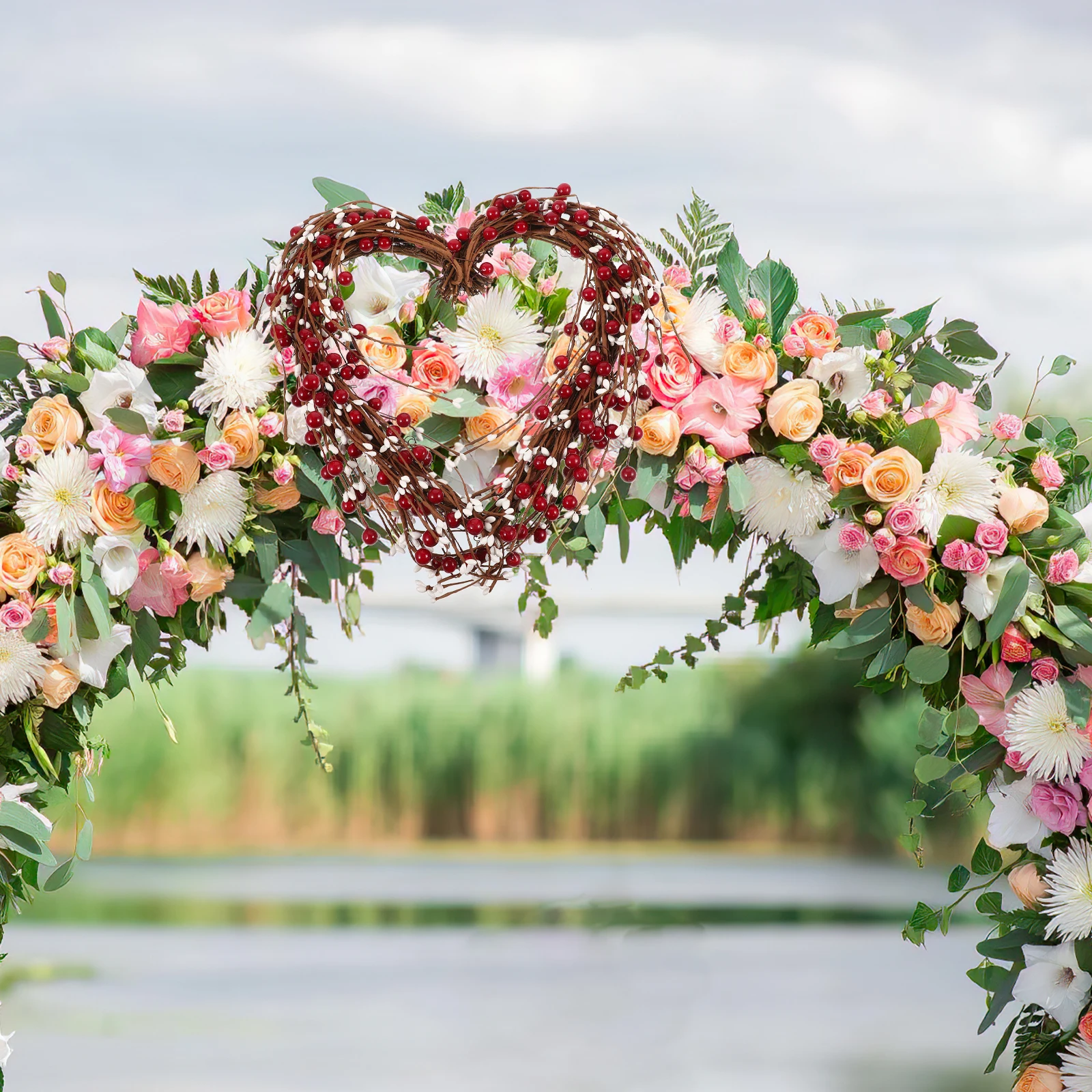 

Heart Shaped Romantic Wreath Decor Valentine Hanging Red Berry Hanging Wreath Adorn Wedding Door Window Flower Circle