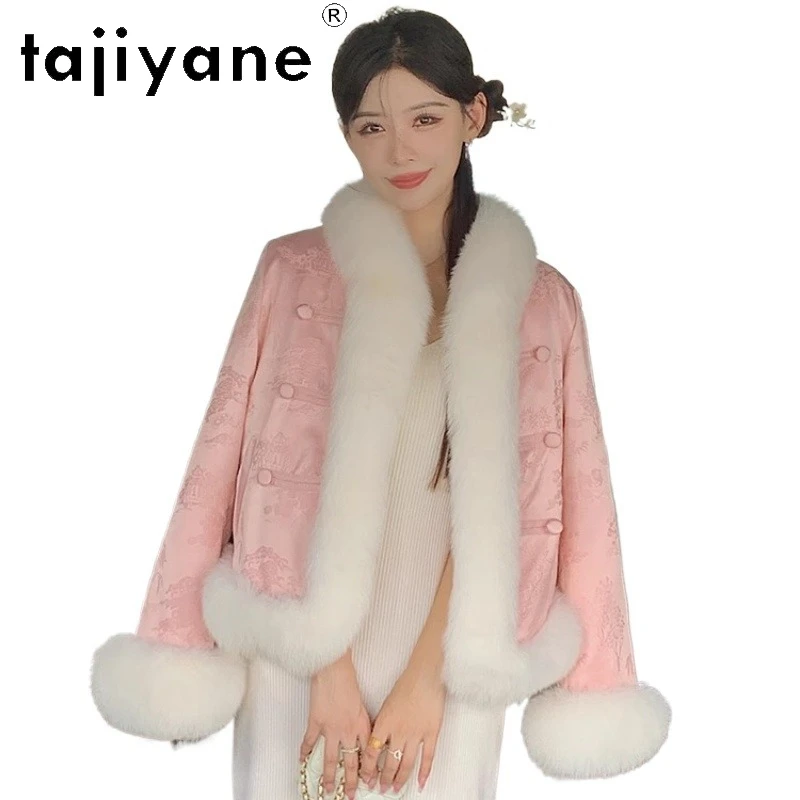 TAJIYANE التوت الحرير الثعلب الفراء سترة قصيرة المرأة أنيقة الأبيض أوزة أسفل معطف جديد النمط الصيني الشتاء ملابس حريمي 2025 روشوبا