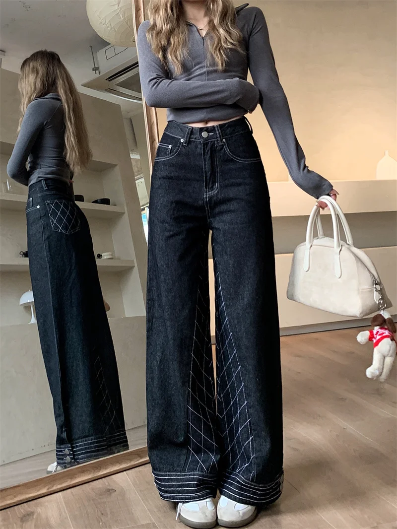 Y2K Women Plaid Contrast Stitch Jeans High Waist Black Wide Leg Floor Length Pants