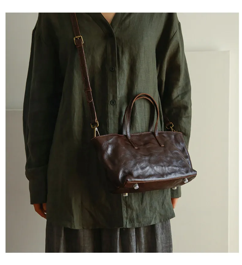PNDME lässige, handgefertigte Vintage-Handtasche aus Rindsleder, erste Schicht, Damenhandtasche, schlicht, modisch, luxuriös, aus echtem Leder, Damen-Umhängetasche. – Detail 17