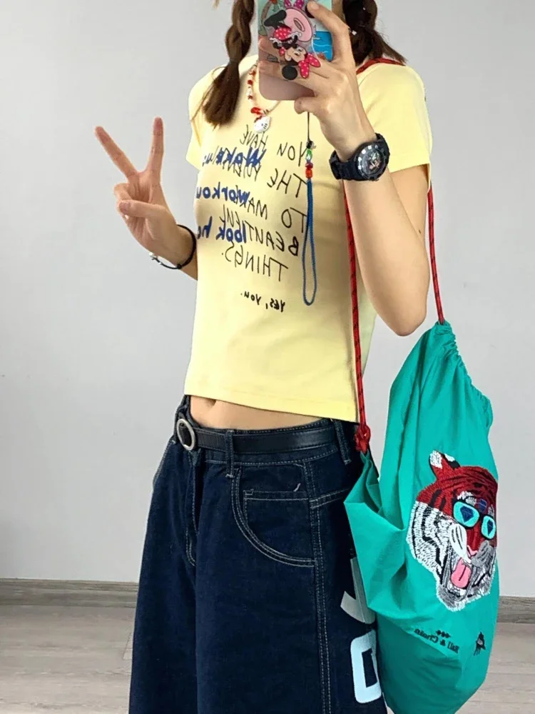 QWEEK Letter Print Jorts Women Y2K Baggy Vintage American Streetwear Wide Leg Knee Length Jeans Harajuku Summer Denim Shorts