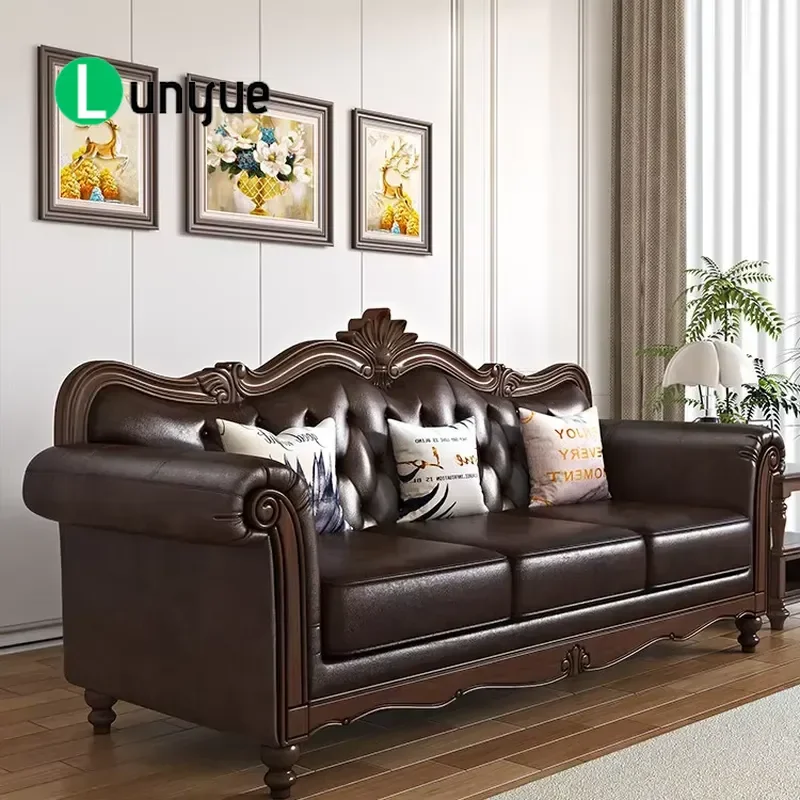 American Country Style Leather U Shaped Movable 3 Seater Sofa Solid Wood Frame For Small Apartment Living Room Comfortable