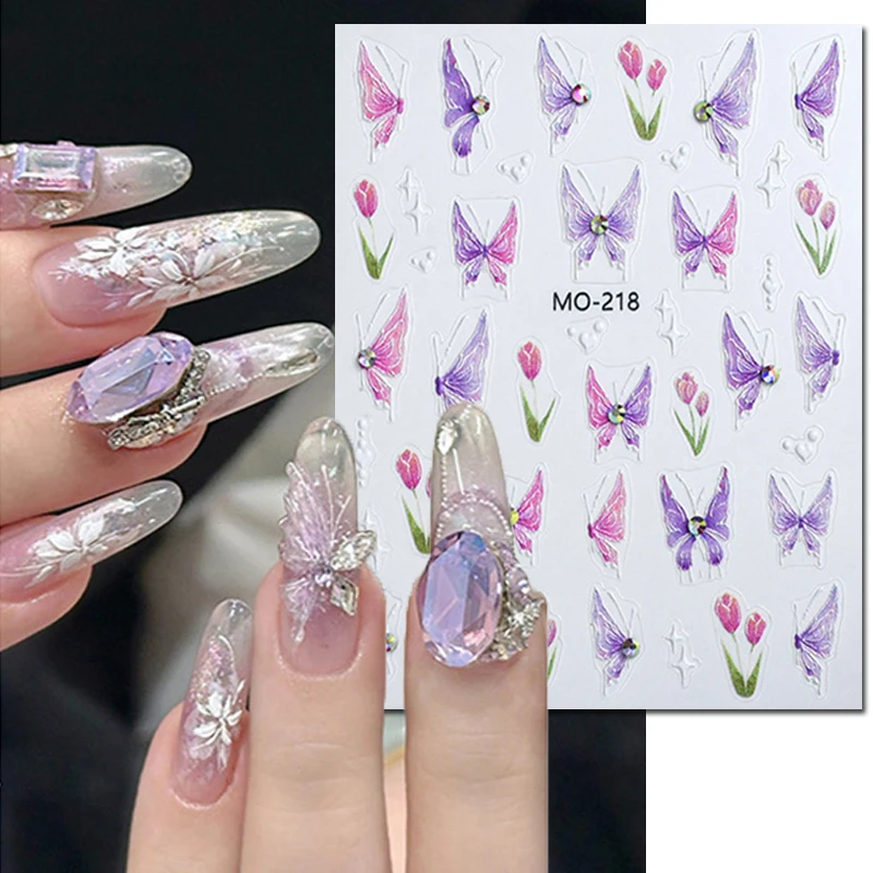 

5d Embossed Pink Purple Butterflys Diamond Studs Tulips Stars Nail Art Decals Stickers For Nails Art Manicures Tips Decorations