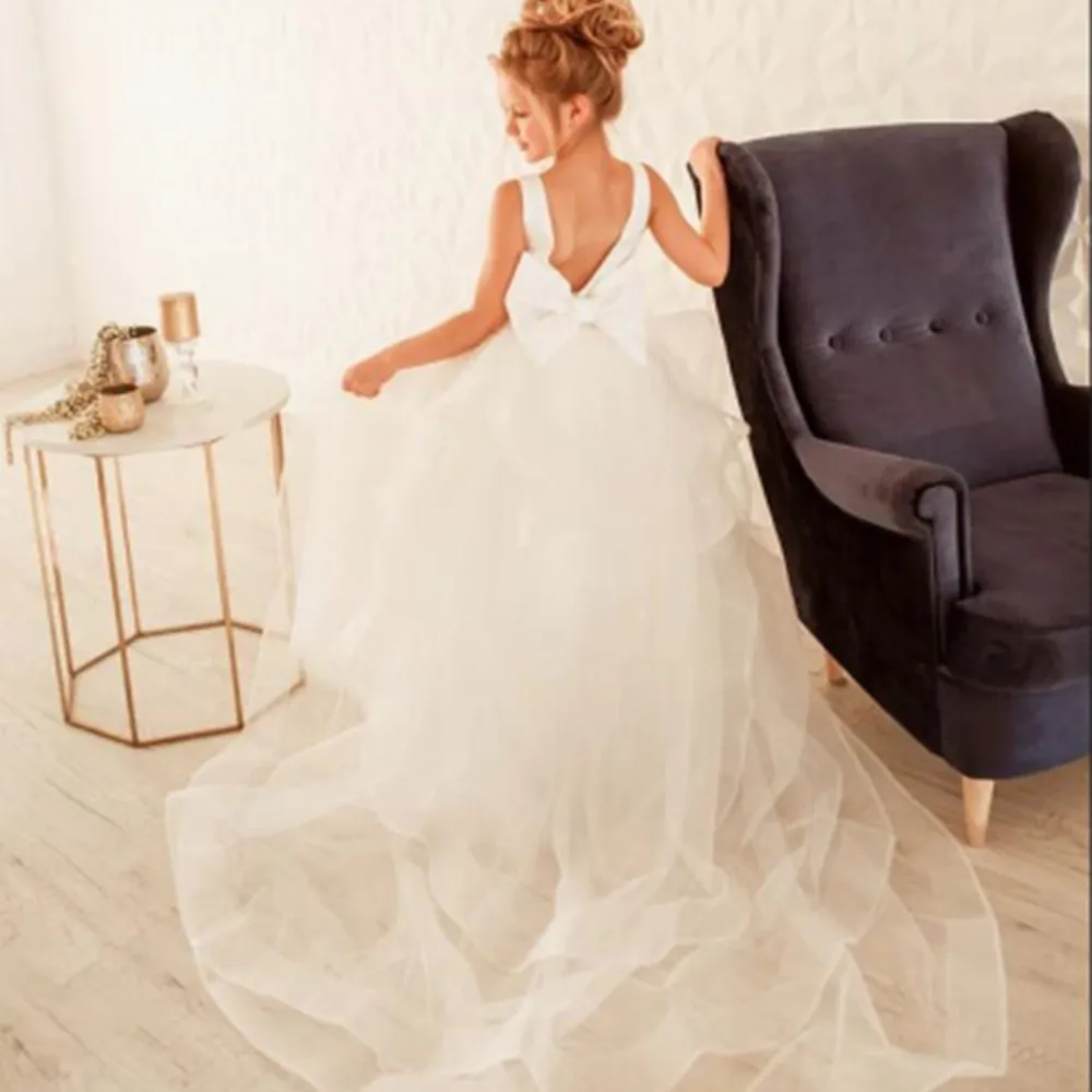 Ballkleid Weiß Brautjungfer Kleid Mädchen Hochzeit Partei Blume Mädchen Kleider Kinder Pageant Erstkommunion Kleid Großen Bogen Langen Ärmeln