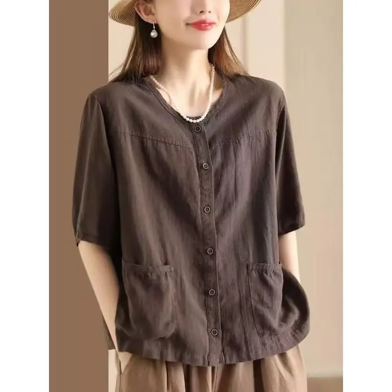 Camicia vintage in cotone e lino in cotone e lino Cardigan a maniche corte Top dimagrante versatile Capispalla elegante