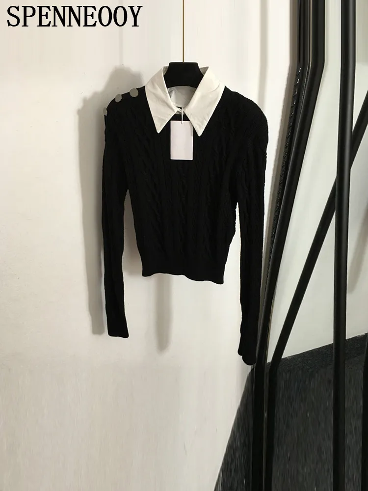 

SPENNEOOY Fashion Runway Autumn Black Knitting Pullovers Women's Turn-down Collar Chic Button Long Sleeve Short Style Sweaters